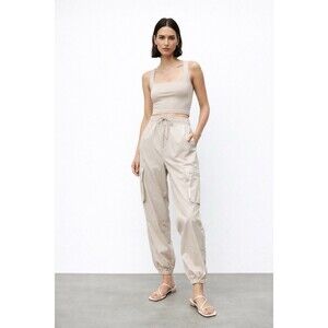 Apana Beige Cargo Jogger Pants Size L Elastic Waist Stretch Athleisure Ankle